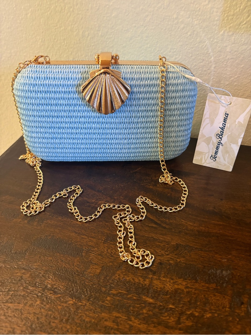 Tommy Bahama Sky Blue Woven Shell Clutch with Gold Chain